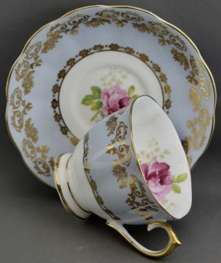 Royal Albert Teacup & Saucer - Blue/gold/pink Rose M434