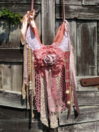 Handmade Ooak Boho Gypsy Shabby Chic Romantic Vintage Pink Crochet Purse