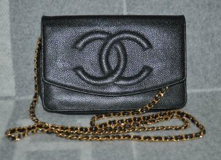 Authentic Chanel Vintage Black Caviar Wallet On Chain Woc Gold Hw
