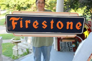 Large Vintage 1947 Firestone Tires Gas Station 48 " Embossed Metal Sign