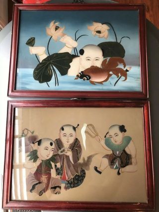 A Large Antique Chinese Reverse Glass Painting —boys