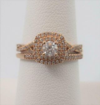 Vintage 14k Rose Gold & Diamond Engagement Ring & Wedding Band Set Size 7