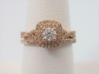 Vintage 14K Rose Gold & Diamond Engagement Ring & Wedding Band Set Size 7 5