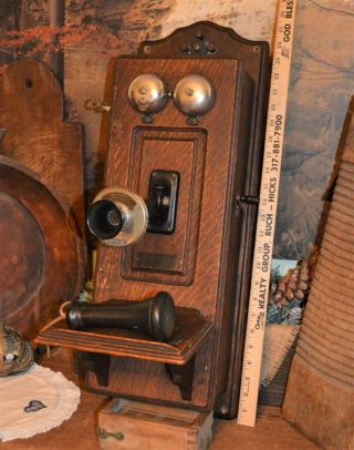 Antique Monarch Oak Crank Wall Telephone Pat 1899 Ringing Bells Complete Chicago