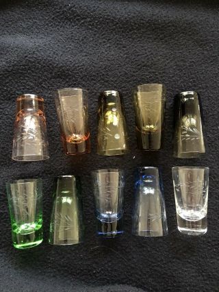 Set Of 10 Etched Antique Liqueur Glasses