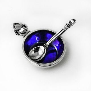 Acorn Salt Dip Salt Cellar And Spoon Sterling Silver Blue Enamel Georg Jensen