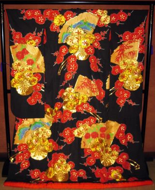 Vintage Japanese Wedding Kimono Uchikake Black Oriental Wall Hanging Art Decor