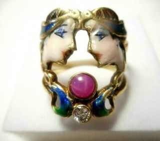 14K GOLD ART DECO HANDMADE ENAMEL GODDESS RING RARE RUBY STAR CAB & DIAMOND 11