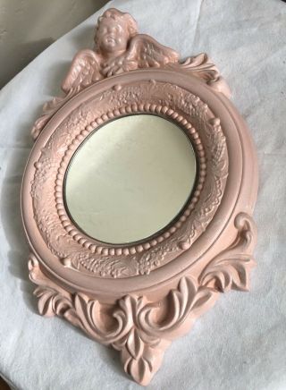 Vintage Cherub Mirror Small Round Pale Pink Signed Shabby Chic 8.  5x13”