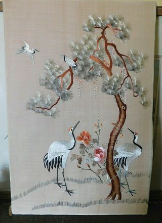 Vintage Chinese Fine Embroidery Panel,  Cranes / Tree / Flowers