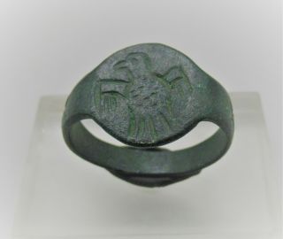 Ancient Roman Bronze Seal Ring With Legionary Eagle On Bezel