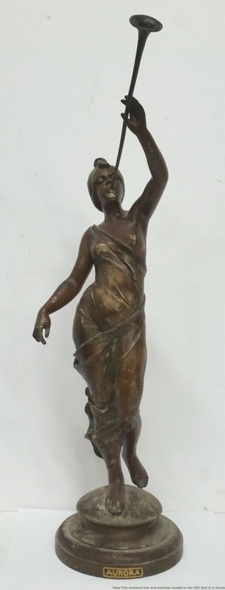 Antique Aurora Nude Goddess Bronzed Spelter Woman Trumpet Statue Sculpture Girl