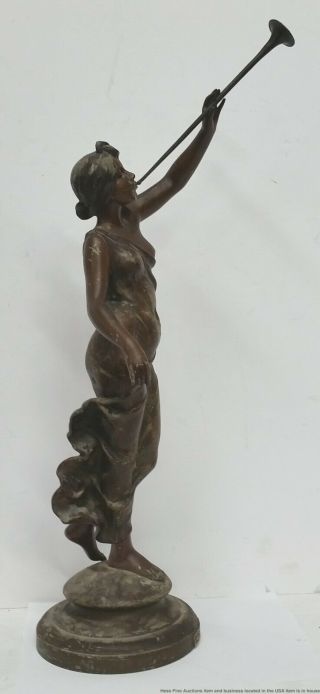 Antique Aurora Nude Goddess Bronzed Spelter Woman Trumpet Statue Sculpture Girl 2