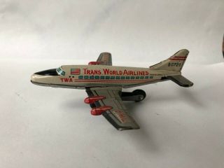 Vintage Trans World Airlines Twa Tin Plane Mechanical Litho Toy Made In Japan