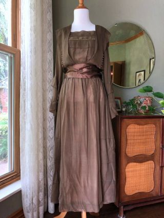 1910s Edwardian Dress Bronze Antique Silk Chiffon Lace Trim Silk Ribbon Gown