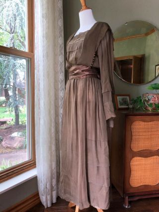 1910s Edwardian Dress Bronze Antique Silk Chiffon Lace Trim Silk Ribbon Gown 2