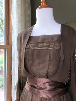 1910s Edwardian Dress Bronze Antique Silk Chiffon Lace Trim Silk Ribbon Gown 3