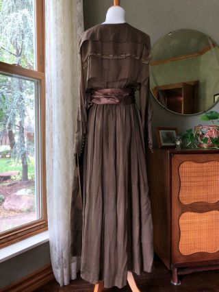 1910s Edwardian Dress Bronze Antique Silk Chiffon Lace Trim Silk Ribbon Gown 4