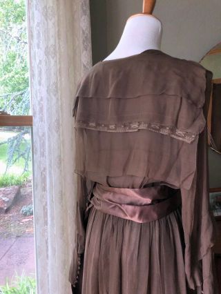 1910s Edwardian Dress Bronze Antique Silk Chiffon Lace Trim Silk Ribbon Gown 5