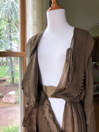 1910s Edwardian Dress Bronze Antique Silk Chiffon Lace Trim Silk Ribbon Gown 6