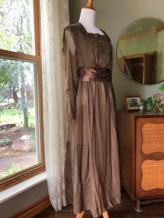 1910s Edwardian Dress Bronze Antique Silk Chiffon Lace Trim Silk Ribbon Gown 7