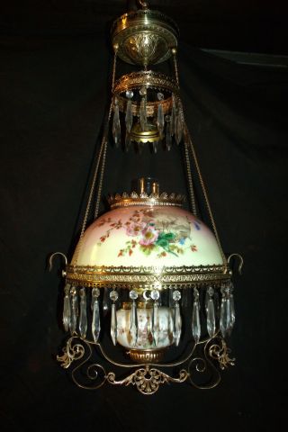 Antique B & H Hanging Oil Lamp (3 Painted Scene On Shade And Font W/ Floral)