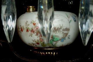 ANTIQUE B & H HANGING OIL LAMP (3 PAINTED SCENE ON SHADE AND FONT W/ FLORAL) 4