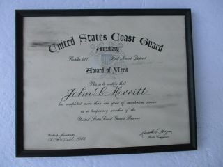 Wwii Us Coast Guard Merit Award Framed 1st Naval District Uscgr 1944 Ww2