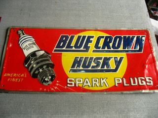 Vintage Rare Blue Crown Husky Spark Plugs Tin Advertising Sign