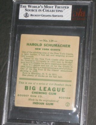 1933 Goudey HAL SCHUMACHER Baseball Card 129 BGS 2.  5 G - VG York Giants 5