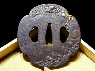 Signed Dragon Tsuba Gold Inlay 18 - 19thc Japanese Edo Samurai Koshirae Antique