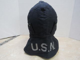 Early Ww2 Us Navy Blue Winter Deck Uniform Helmet Hat Hood W/ Usn Stencil Size 7