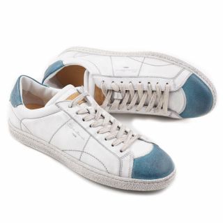Nib $710 Santoni White And Blue Vintage - Look Leather Sneakers Us 9 Shoes