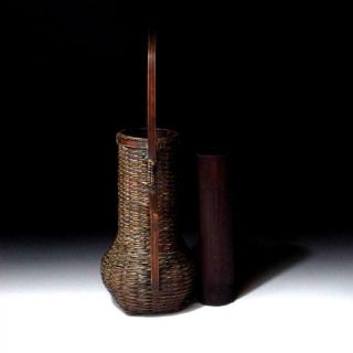 DO6: Vintage Japanese Bamboo Vase with bamboo basket,  IKEBANA,  Tea ceremony 4