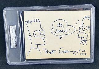 Vintage Matt Groening Signed Cut W/ Bart & Homer Sketch Psa/dna Certified