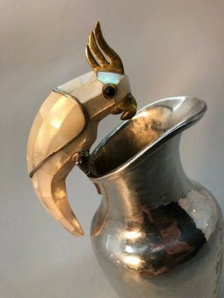 LOS CASTILLO SILVER PLATE HAMMERED CREAMER PITCHER WITH ABALONE PARROT 6 INCHES 2