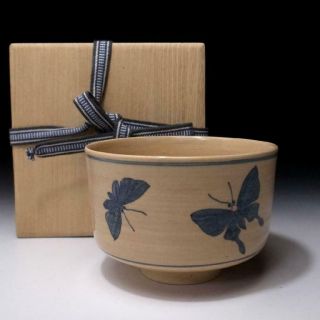 Lr3 Japanese Pottery Tea Bowl,  Odo Ware By Famous Potter,  Shoji Doi,  Butterfly