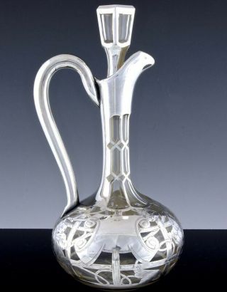 V.  Fine Art Deco Sterling Silver Overlay Glass Wine Ewer Claret Pitcher Jug