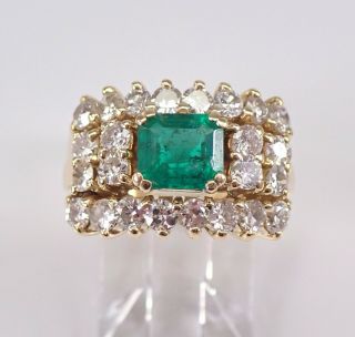 18k Yellow Gold Vintage Emerald And Diamond Engagement Ring Wide Band Size 5.  5
