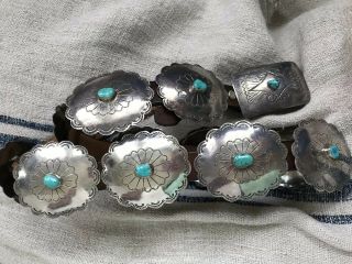 OLD PAWN Vintage Native American Sterling Silver Turquoise Concho Belt Signed SP 3