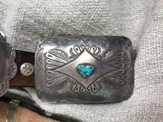 OLD PAWN Vintage Native American Sterling Silver Turquoise Concho Belt Signed SP 7