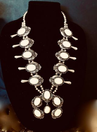 Navajo Squash Blossom Necklace Sterling Silver And Mother Of Pearl Vintage