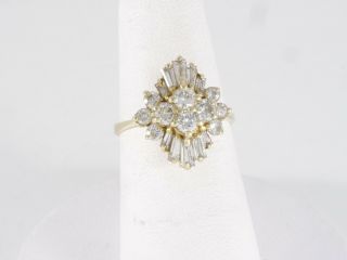 Vintage 14k Yellow Gold Round & Tapered Baguette Diamond Starburst Cocktail Ring
