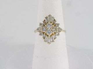 Vintage 14k Yellow Gold Round & Tapered Baguette Diamond Starburst Cocktail Ring 5