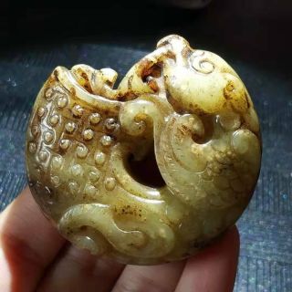 Chinese Old Jade Hand - Carved Lucky Dragon Beast Double Faced Pendant