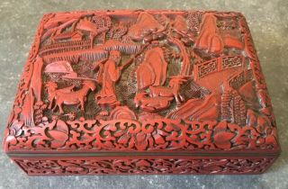 Antique Oriental Carved Cinnabar Lacquer Table Box