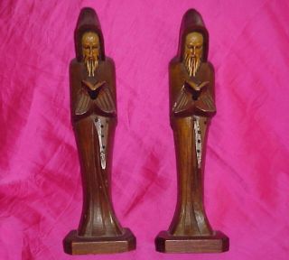 Monk Priest Reading Carved Wooden Standing Figure W/ Rosary Bookends Wood Statue