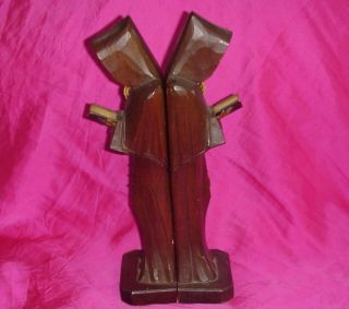 MONK PRIEST READING CARVED WOODEN STANDING FIGURE W/ ROSARY BOOKENDS WOOD STATUE 2