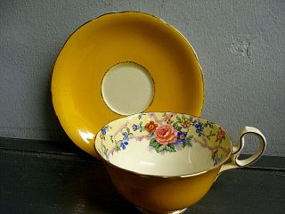 Vintage Ansley Bone China Tea Cup & Saucer Bright Yellow Multi - Color Flowers