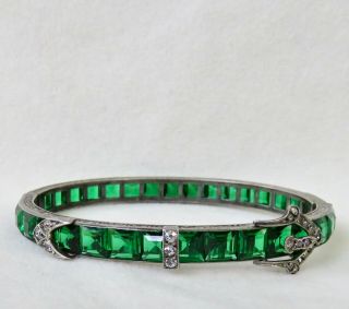 Antique Art Deco Channel Set Sterling Emerald Green Paste Buckle Bangle Bracelet